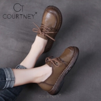 Courtney品牌手工真皮軟底休閑小皮鞋女舒適系帶牛皮單鞋復古 深卡...